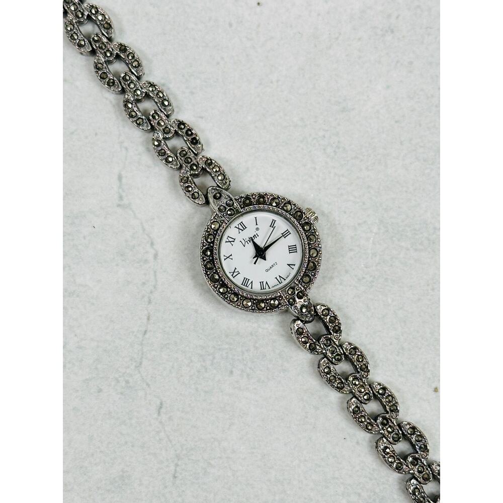 Vivani Watch Womens 22mm Gray Hematite Bezel Band Silver Tone New Battery